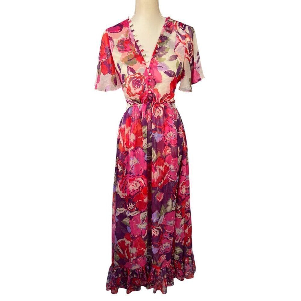 Misa Los Angeles Calista Floral Open Back Flutter Sleeve Maxi Dress Pink Size XS